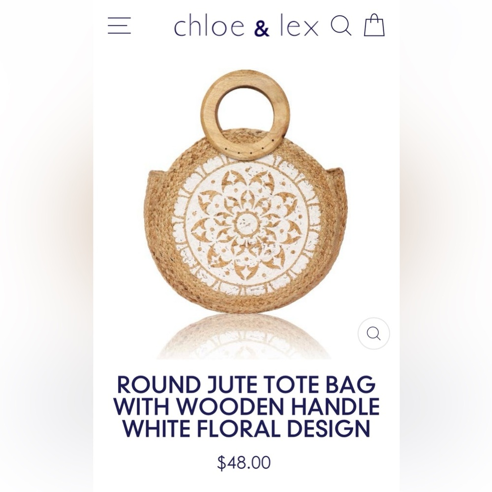 Chloe & Lex White Floral Round Jute Tote Bag with Wooden Handles - Picture 9 of 9